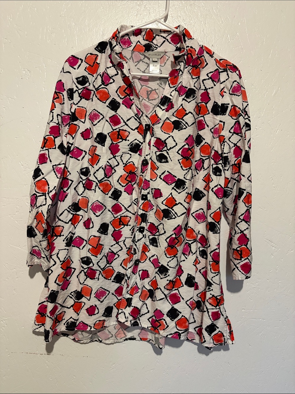 Multiples White Button-Front Top with Pink, Red & Black Abstract Print